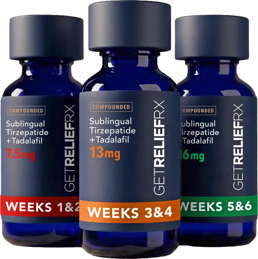 Three blue sample prescription bottles of our Tirzepatide and Tadalafil Combination Sublingual (from left to right, 16mg/2.5mg, 13mg/2.5mg, and 7.5mg/2.5mg)