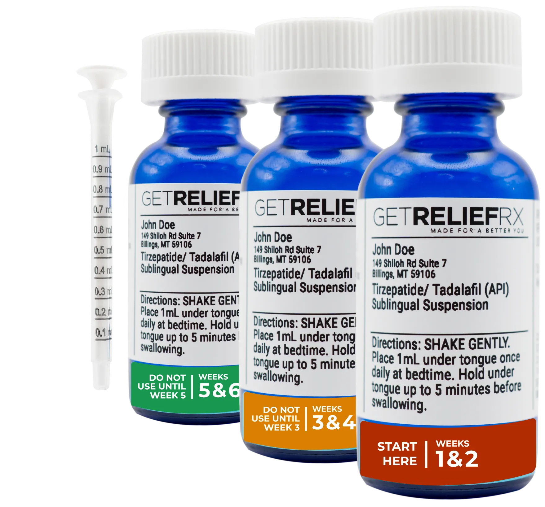 Three blue sample prescription bottles of our Tirzepatide and Tadalafil Combination Sublingual (from left to right, 16mg/2.5mg, 13mg/2.5mg, and 7.5mg/2.5mg)