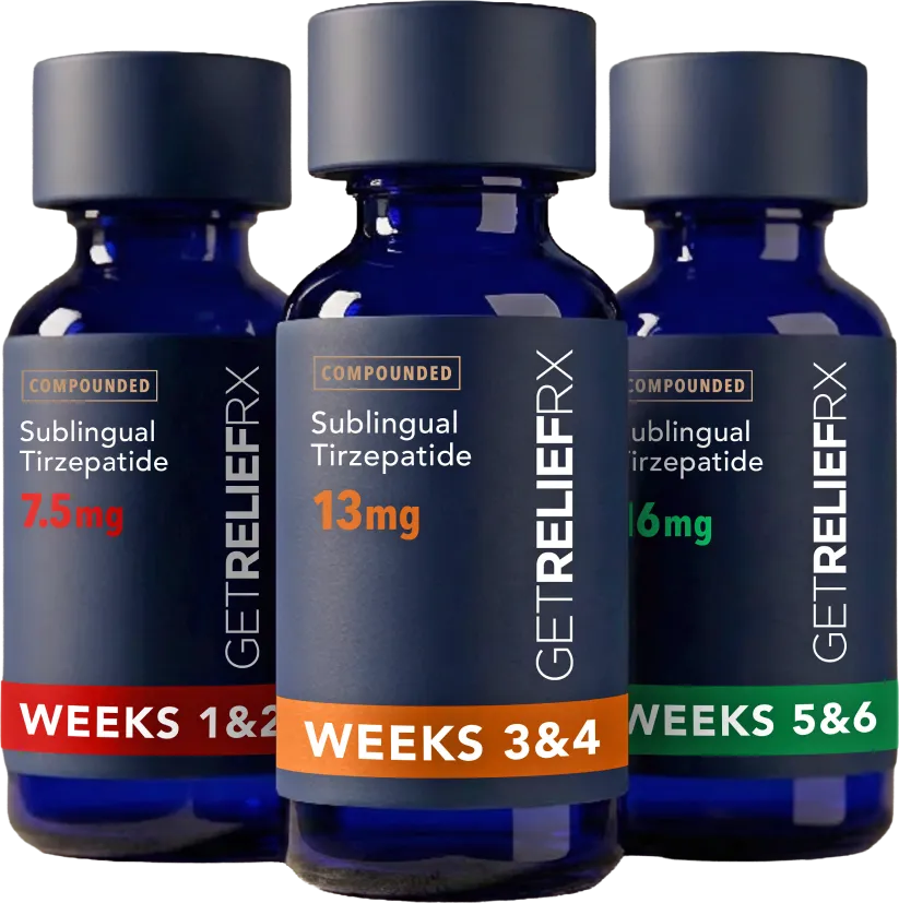 Three blue prescription bottles of tirzepatide (from left to right, 16mg, 13mg, and 7.5mg)